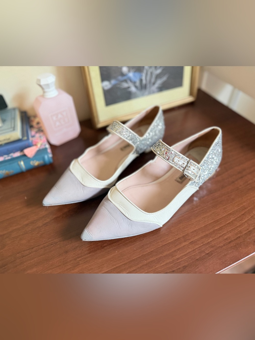 Miu Miu Mary Jane Sparkle White Gray Leather Ballet Flats | Size 7 - Picture 6 of 9